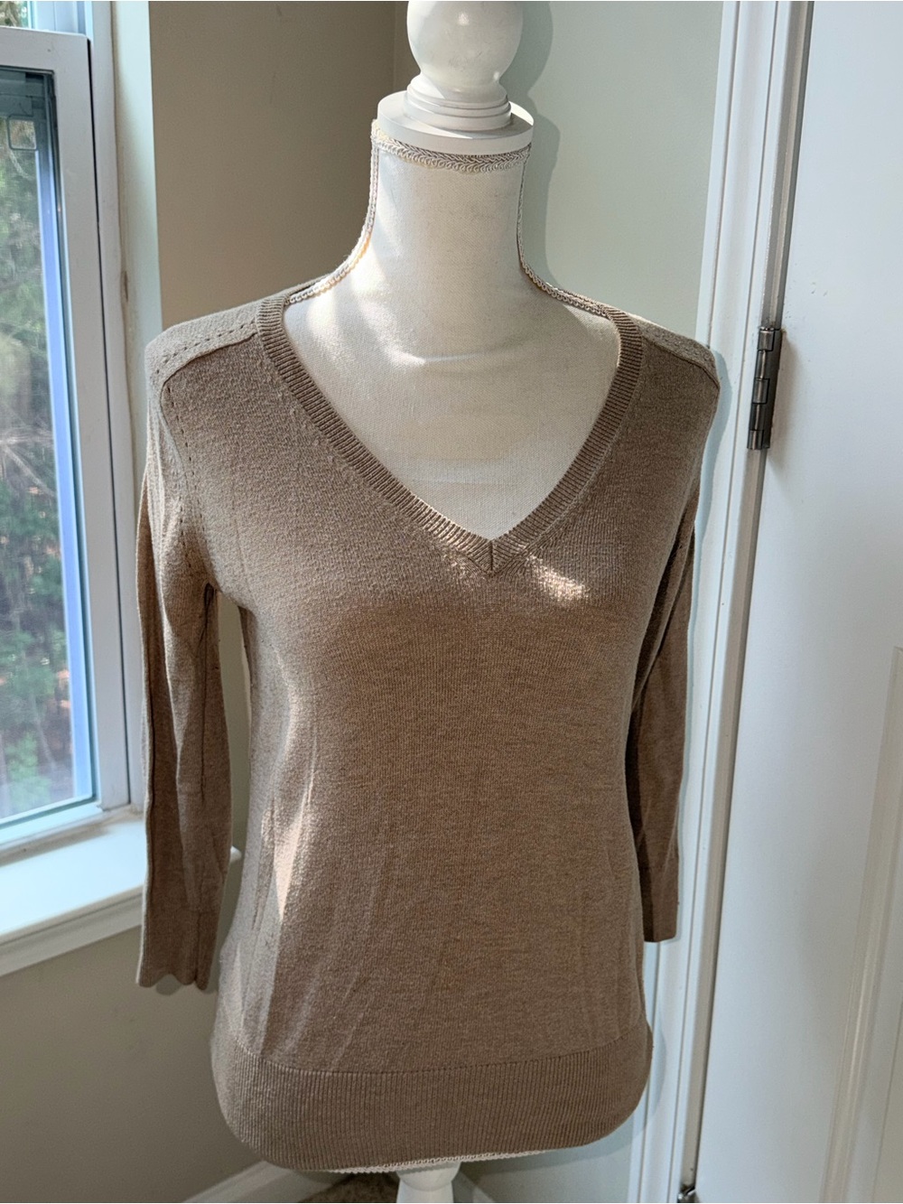 LOFT Women's V-Neck Sweater in Taupe Beige
